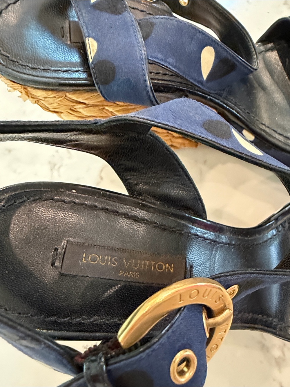Louis Vuitton Navy Polka Dot Raffia Espadrille Wedge Sandals - Picture 5 of 9